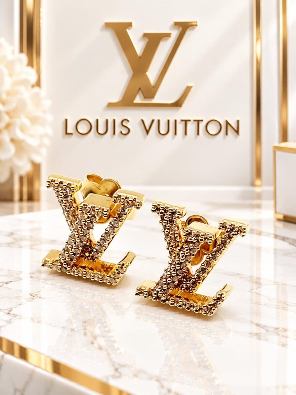 Authentic Louis Vuitton LV Logo Gold Crystal Stud Earrings Designer Jewelry